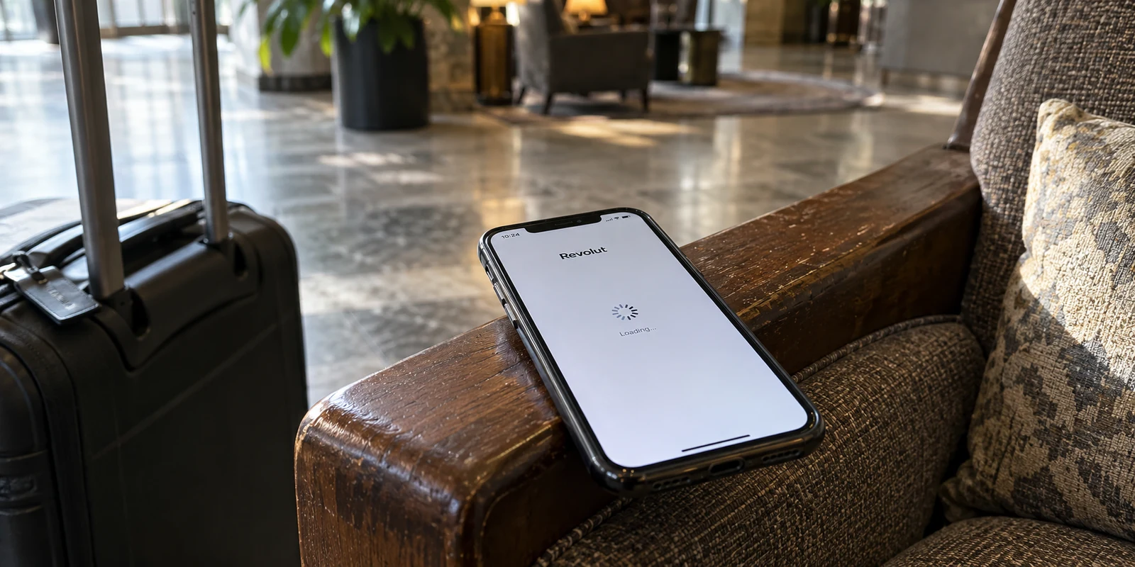 The Revolut app stuck loading on a phone in a hotel lobby.