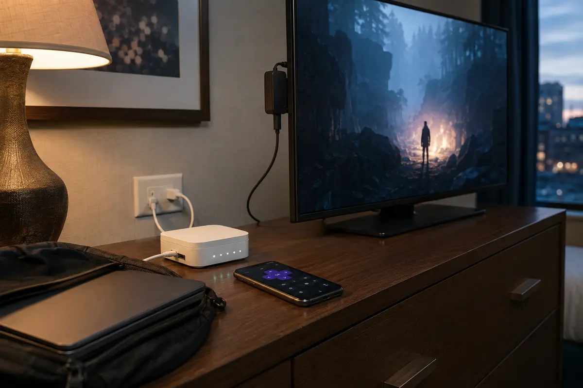 Router de viagem, telemóvel e Roku na mesma rede privada de um quarto de hotel