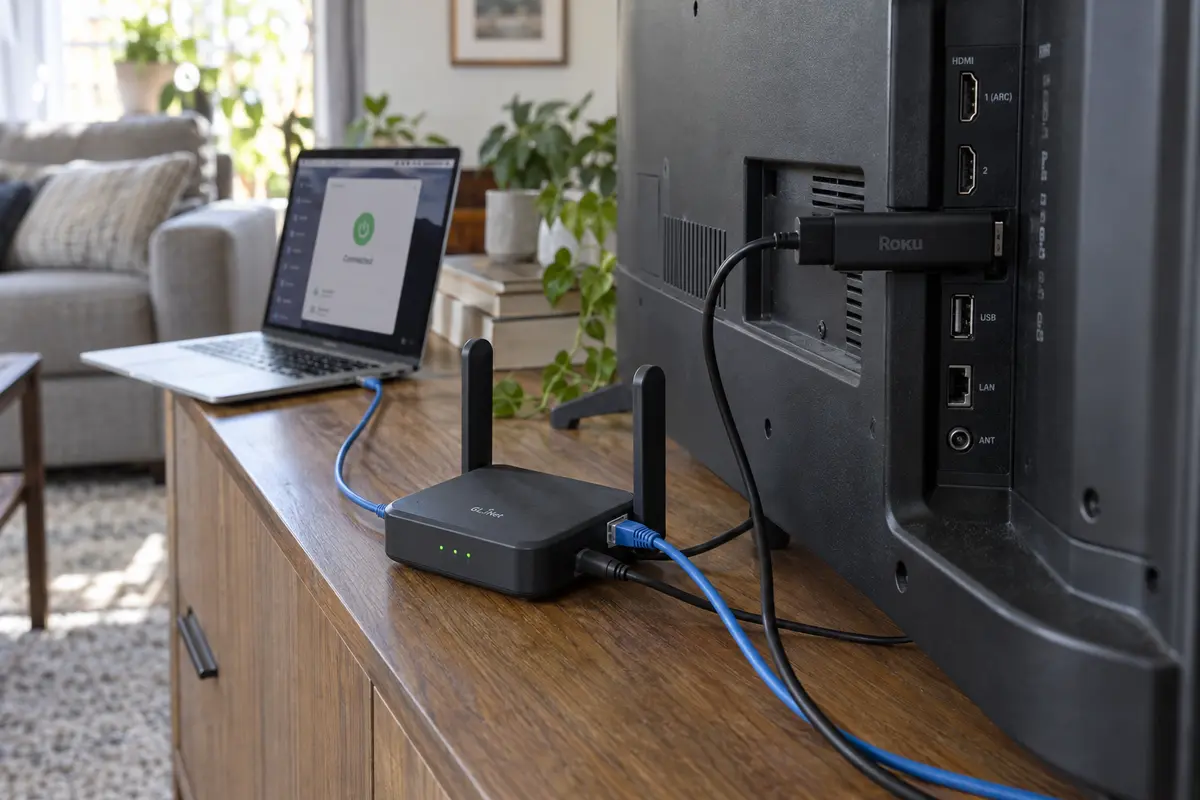 A Roku stick connects to a television while a travel router and laptop provide the upstream network gateway