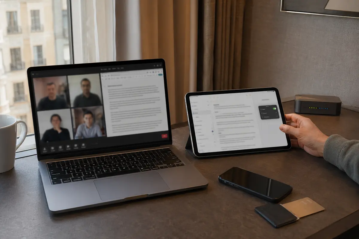Chamada continua no notebook enquanto o tablet ajusta a própria ligação no hotel