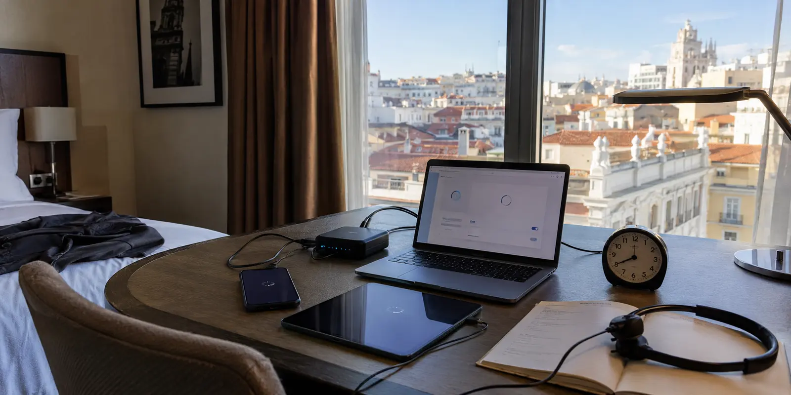 Roteador de viagem e três dispositivos sem Internet pouco antes de uma chamada no hotel