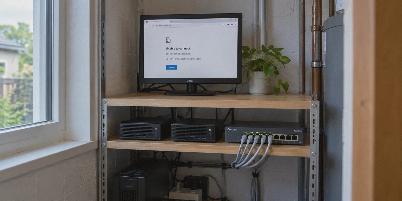A compact homelab with its management connection unavailable.