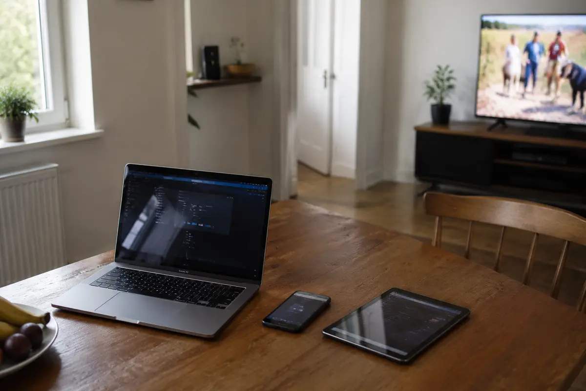 Portátil, móvil y tablet sobre una mesa mientras el televisor funciona por separado