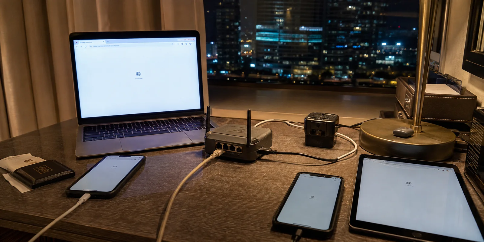 Un router de viaje conecta varios dispositivos en un hotel de Dubái, pero todos quedan sin acceso a internet.
