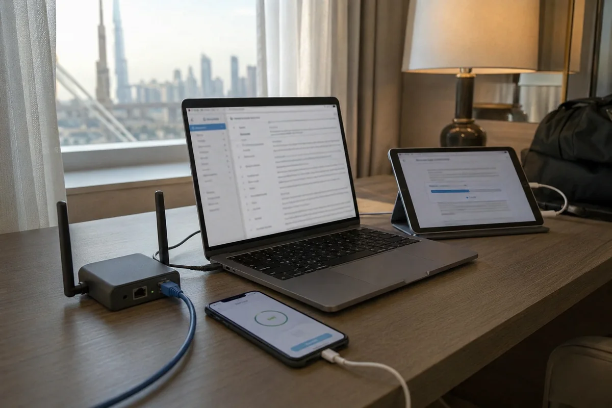El router comparte el Wi-Fi del hotel mientras el portátil, el teléfono y la tablet mantienen conexiones independientes.