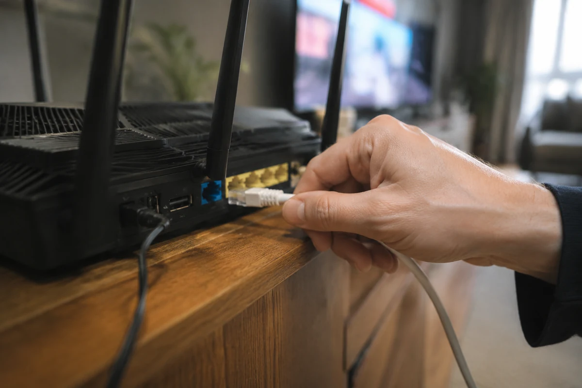 Hand zieht ein Ethernet-Kabel aus der Rückseite eines WLAN-Routers