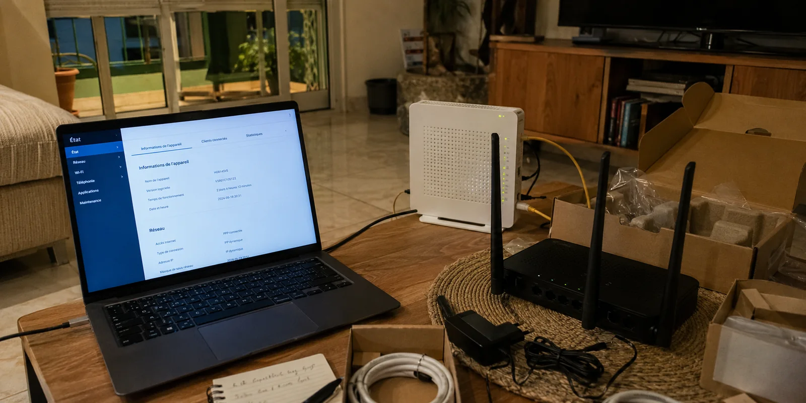 Deuxième routeur déballé à côté d’une box fibre et de son interface d’administration sans client VPN.