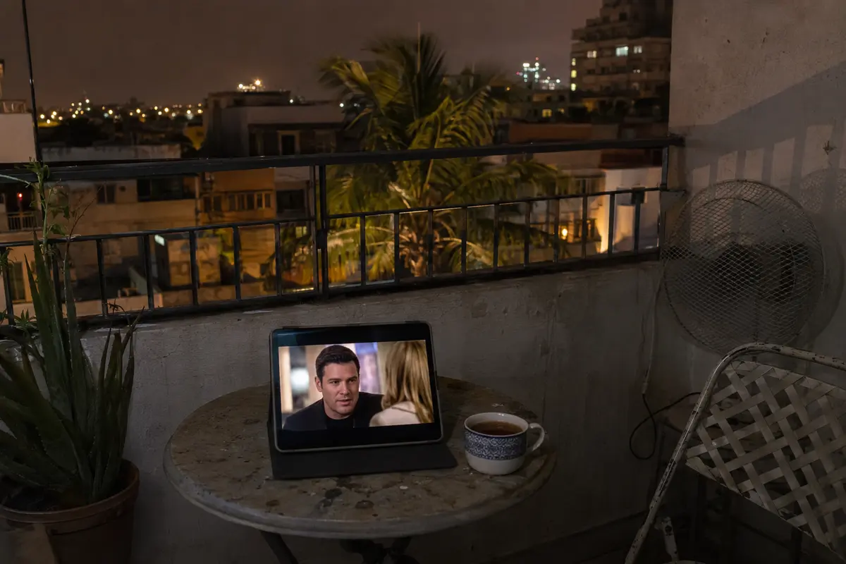 Laufende deutsche Unterhaltungssendung auf einem Tablet auf einem Balkon im Ausland