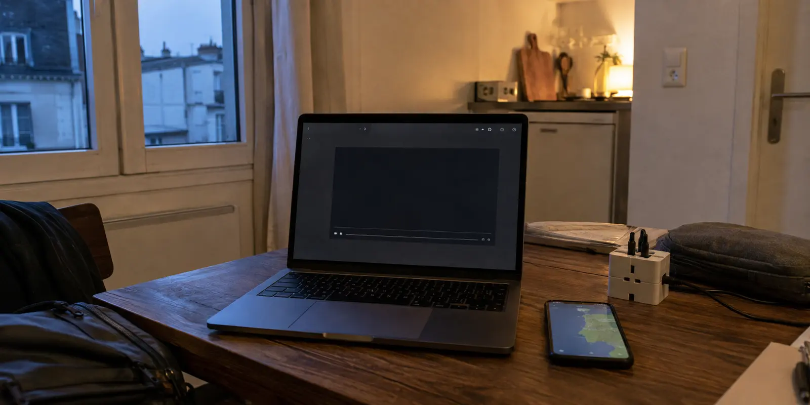 Portátil numa casa de viagem em França com o leitor de streaming sem iniciar e um telemóvel a indicar localização em Portugal