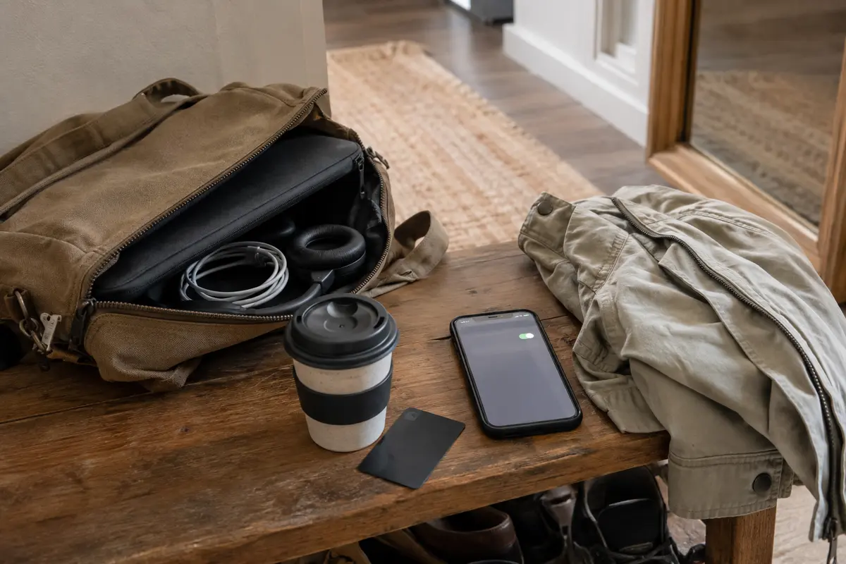 Una bolsa de portátil, el teléfono y objetos de trabajo cotidiano preparados junto a la puerta