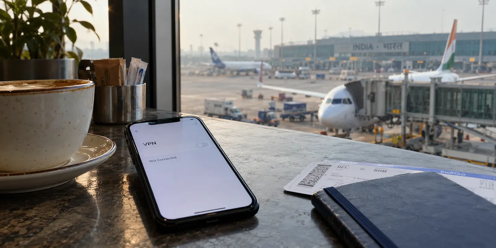 A phone showing that its VPN is not connected on a table inside an Indian airport