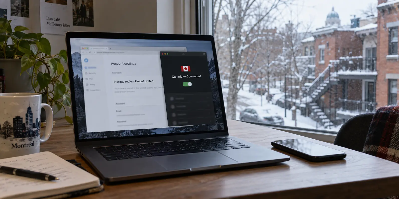 A Canadian VPN connection beside a cloud account showing storage in the United States