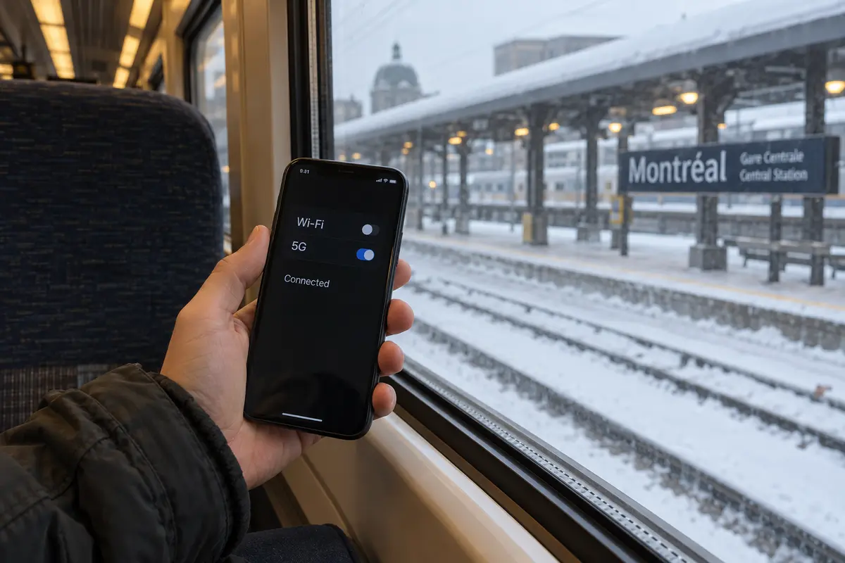 A phone staying connected while switching from station Wi-Fi to 5G on a train in Montréal