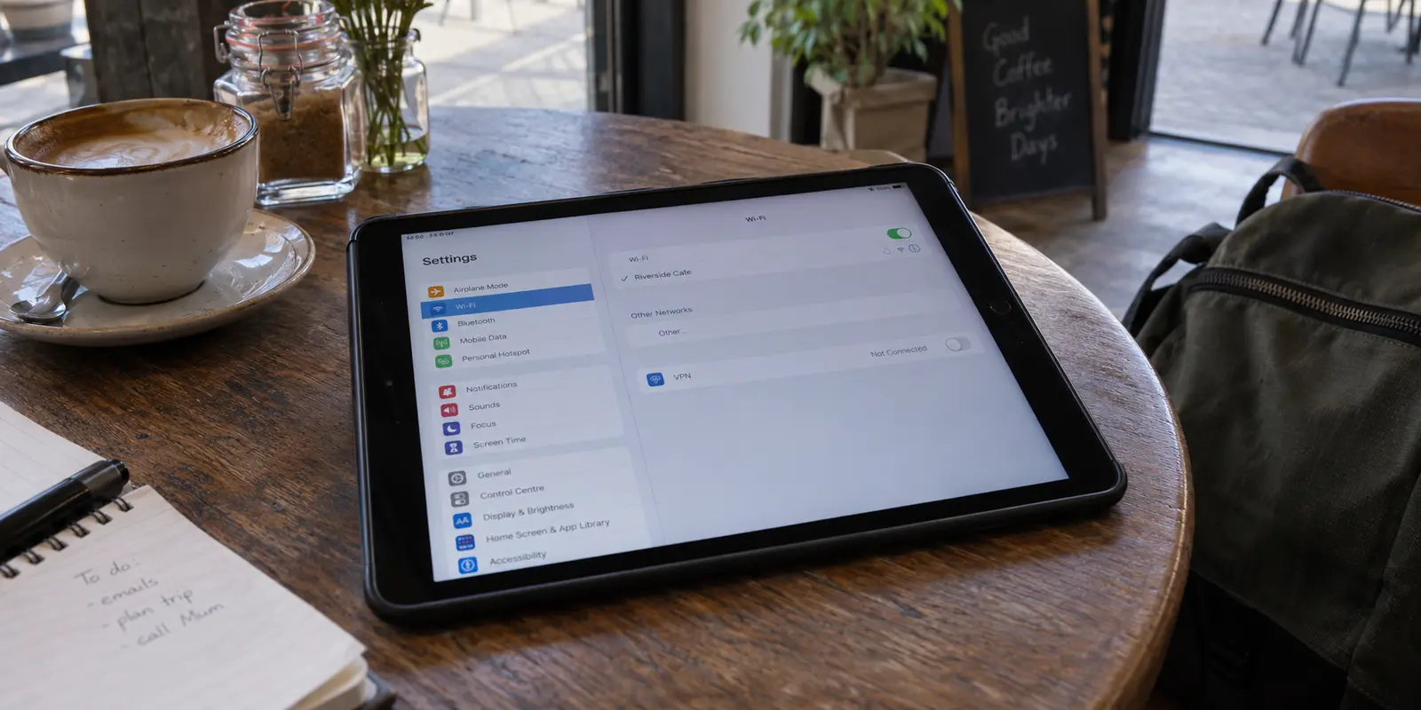A personal iPad open to network settings on a café table before choosing a VPN setup.