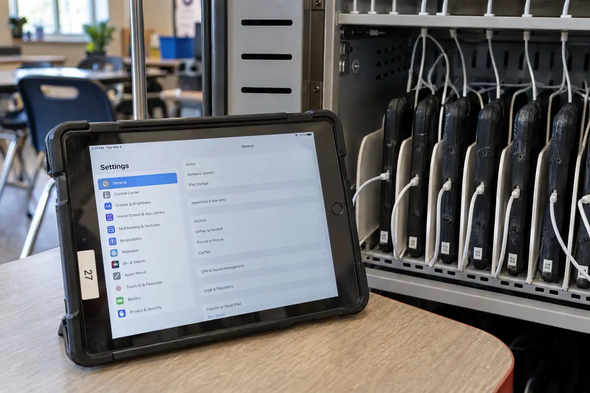A school-managed iPad beside a classroom charging cart with the device-management settings visible.
