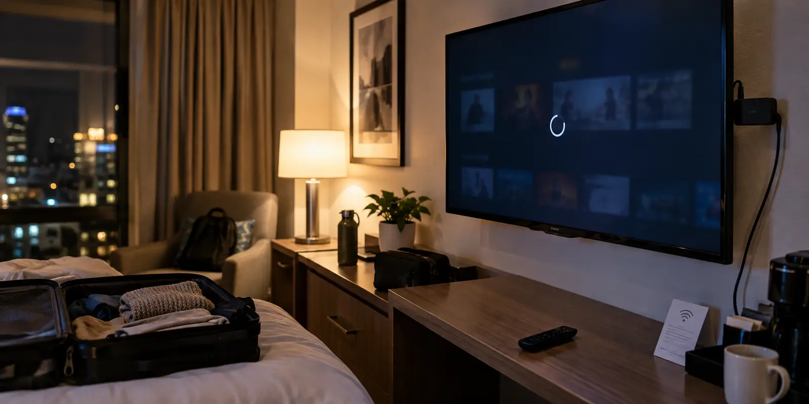 A hotel television with a Fire TV stream stalled on a loading screen.