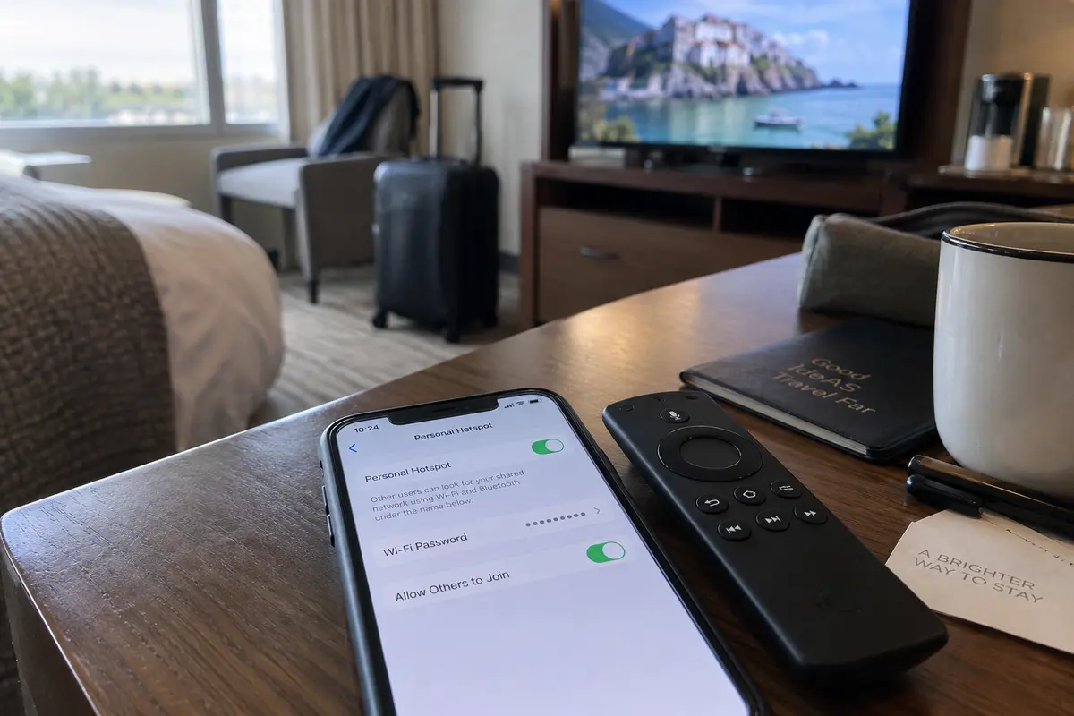 A phone hotspot active beside a Fire TV remote while video plays on the hotel television.