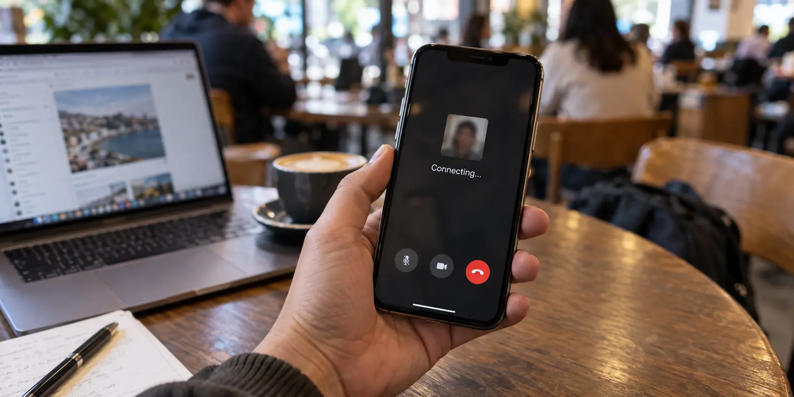 An iPhone FaceTime call stuck on Connecting while the phone is used on café Wi-Fi.