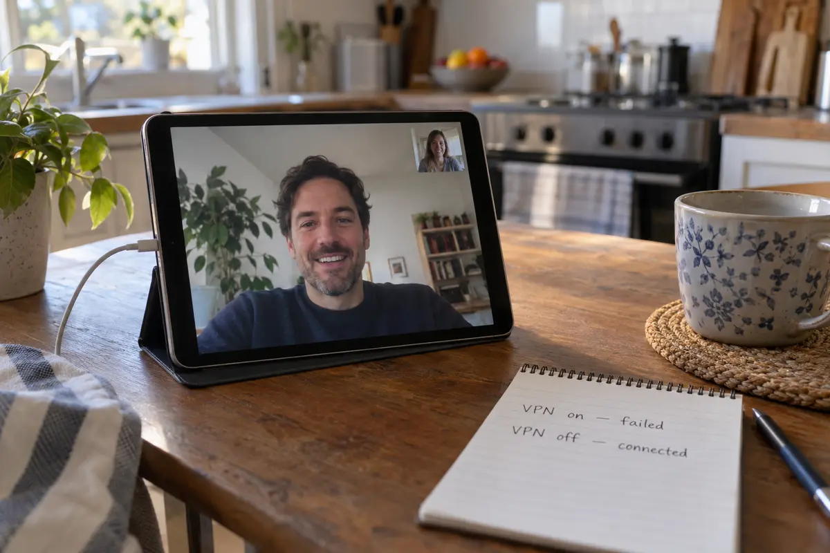 A successful FaceTime call beside a note comparing the result with the VPN on and off.