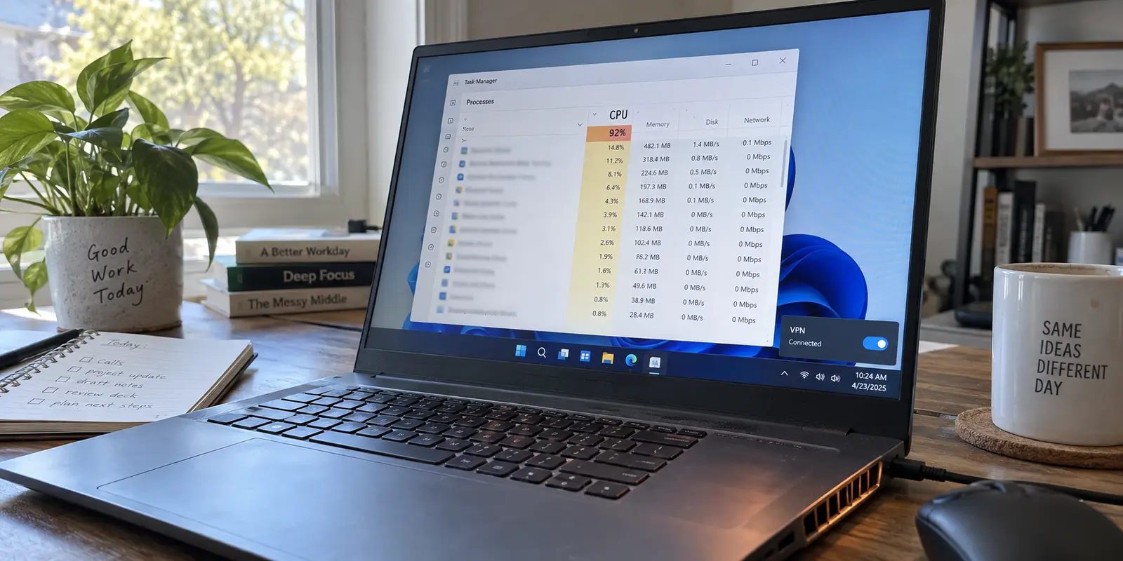 Windows Task Manager showing 92 percent CPU usage while a VPN is connected.