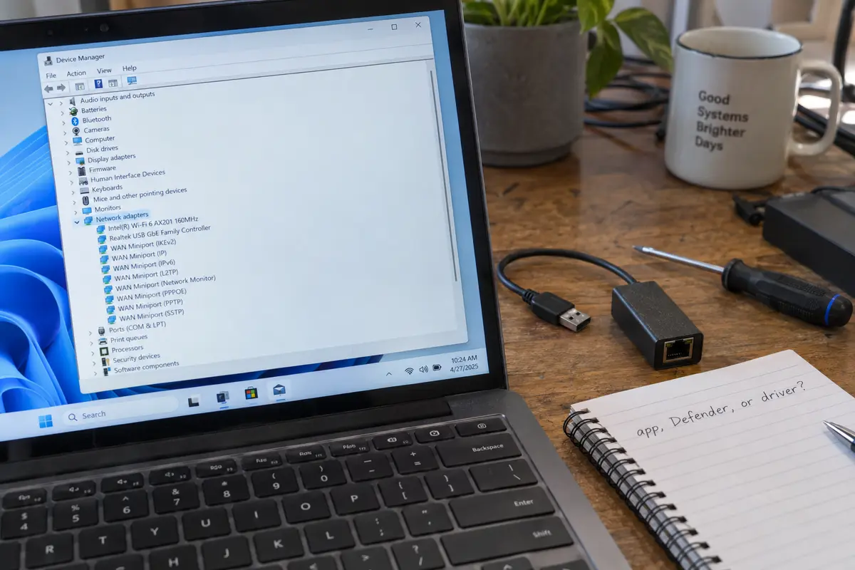 Windows Device Manager open to Network adapters beside a physical Ethernet adapter.