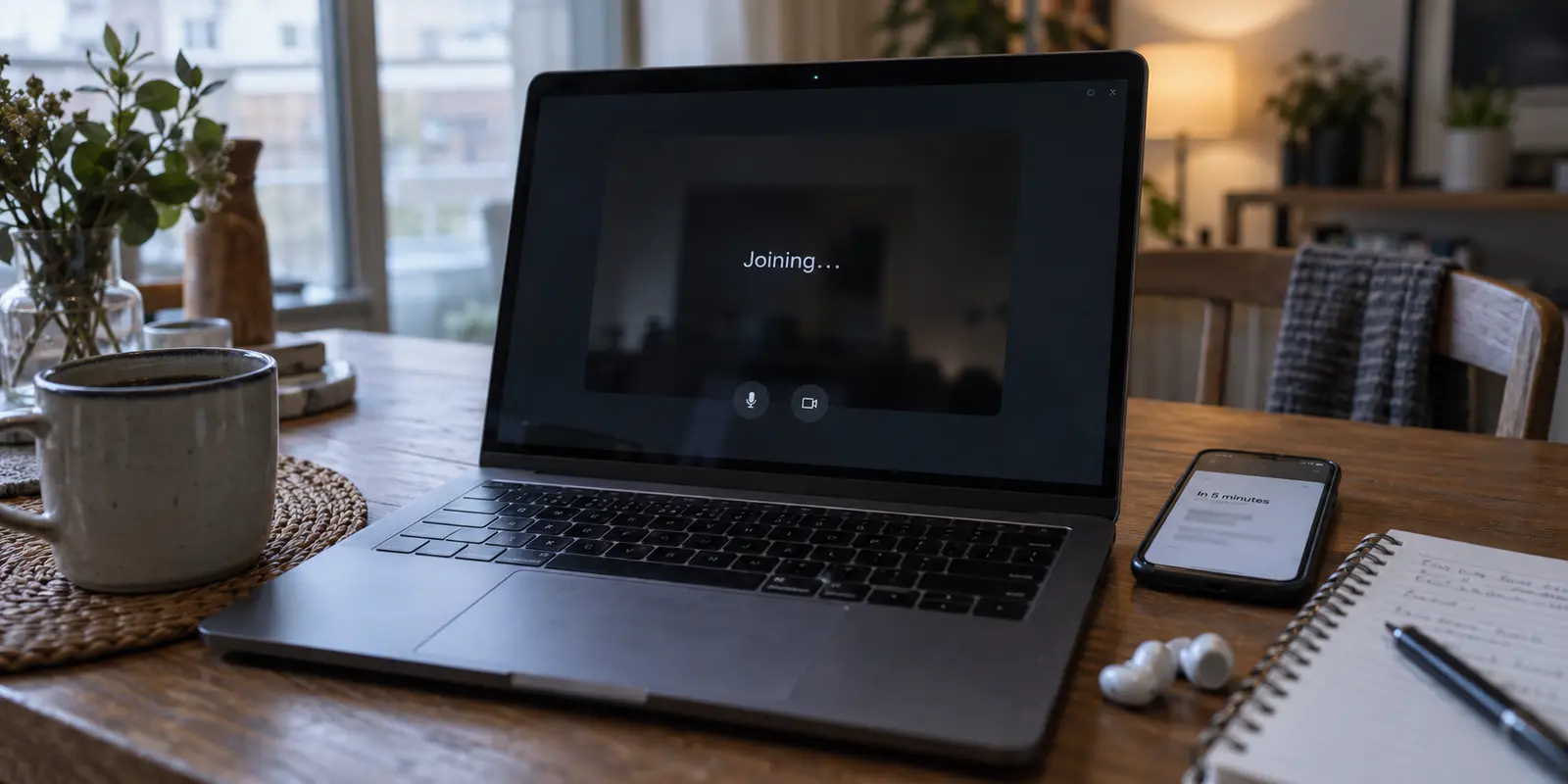 A laptop stuck on Joining moments before a Google Meet call.