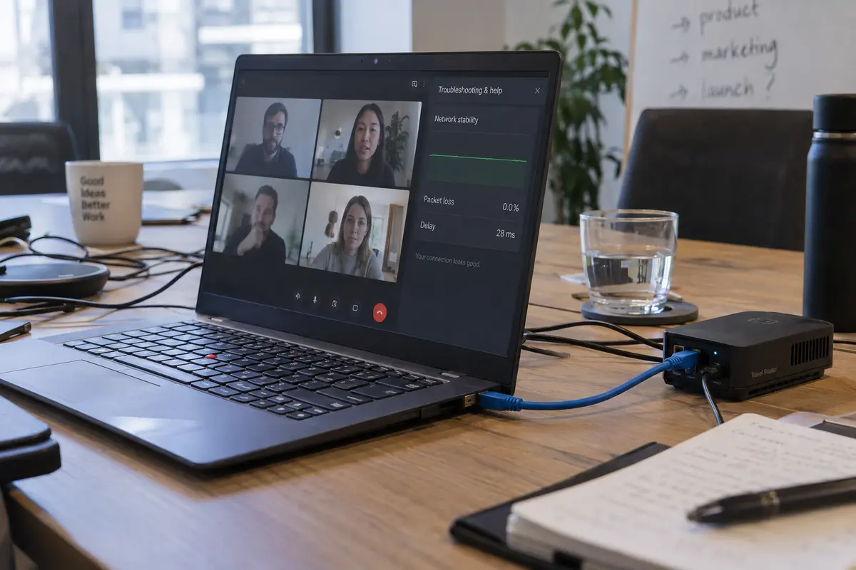 A stable Google Meet call with the network-stability panel open and an Ethernet connection in use.