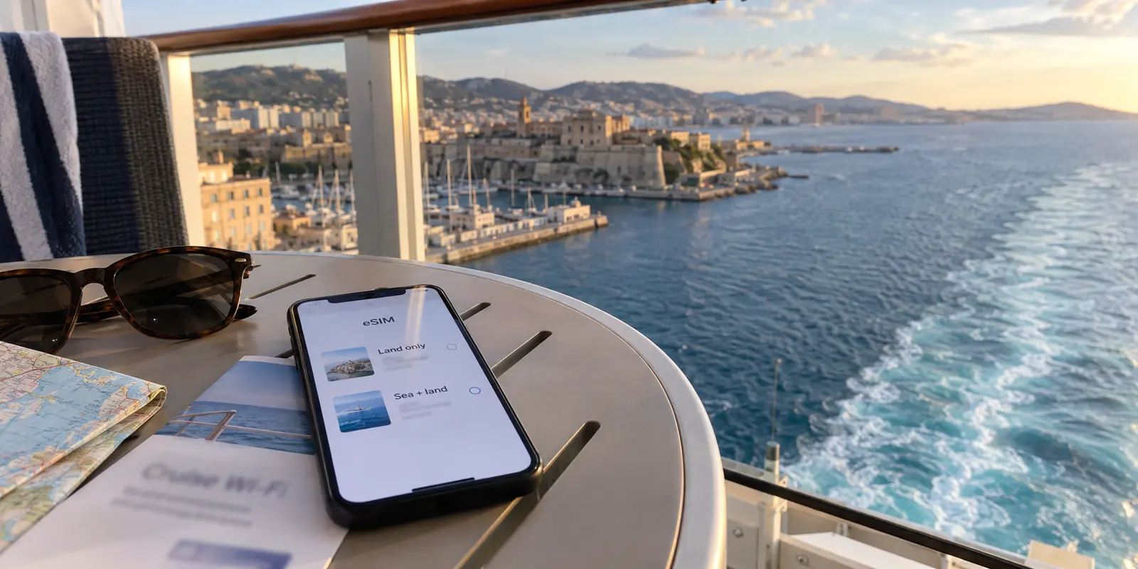 A cruise passenger choosing between land-only and sea-and-land eSIM plans as the ship leaves port.