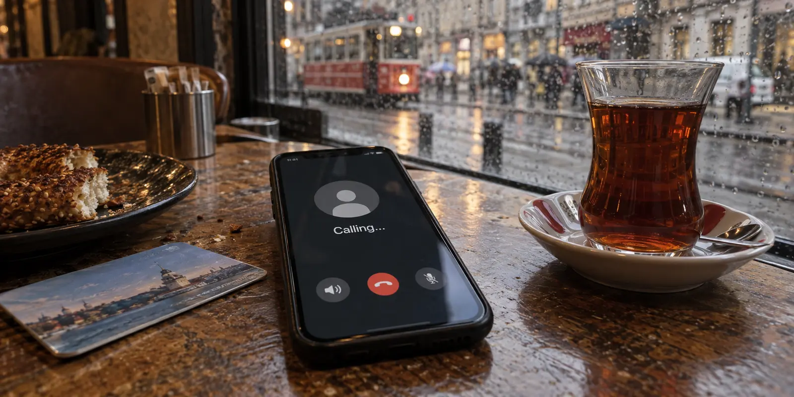 A WhatsApp-style call stuck on Calling at a rainy Istanbul café.