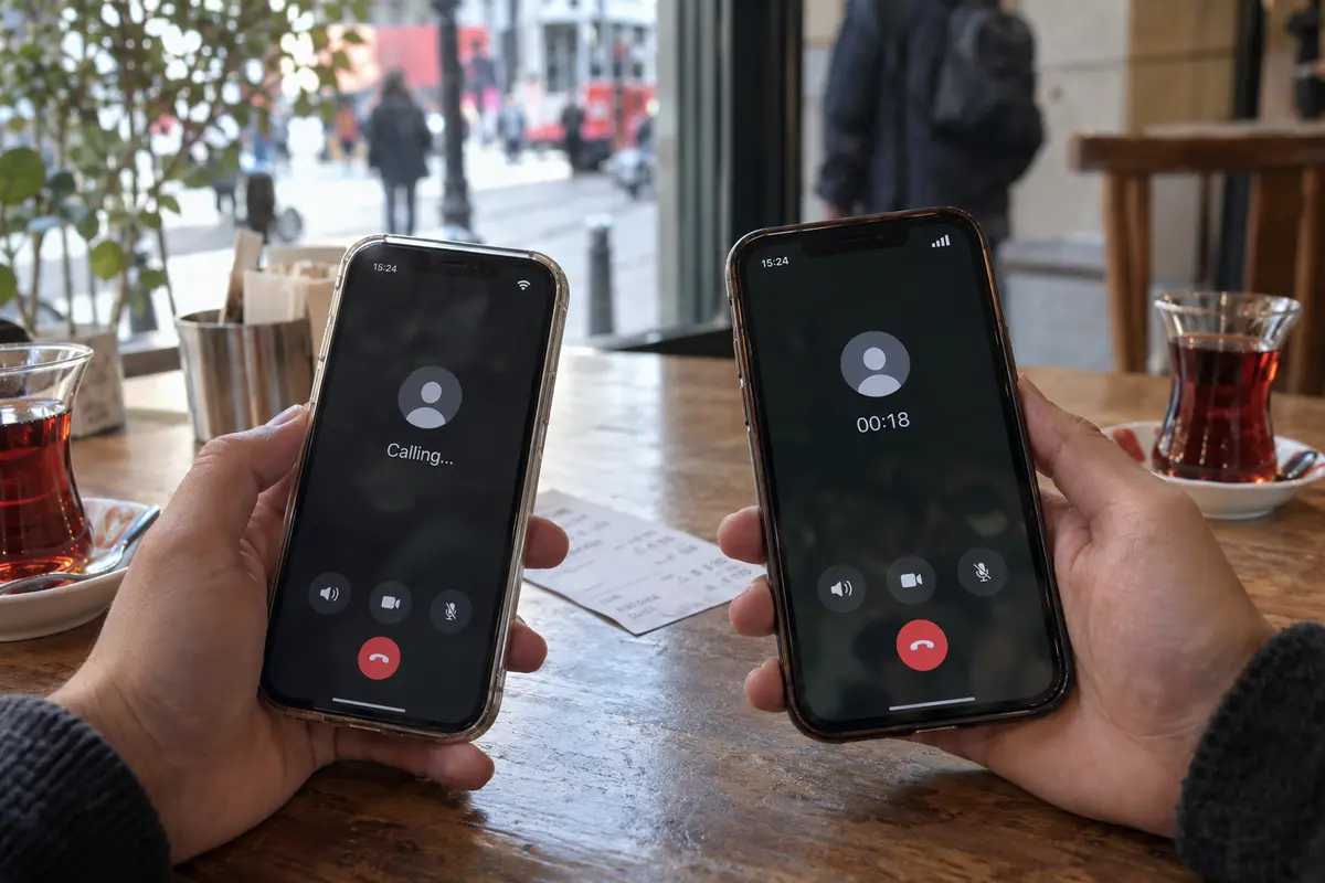 Two phones in an Istanbul café testing the same call over Wi-Fi and cellular data.
