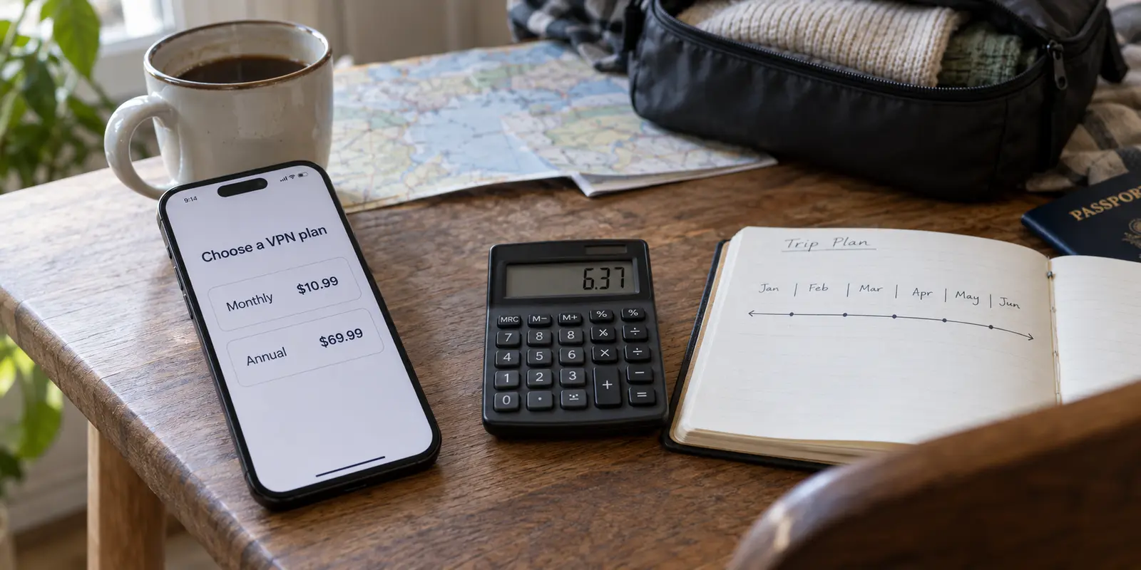 A traveler comparing monthly and annual VPN prices with a calculator and six-month planner.