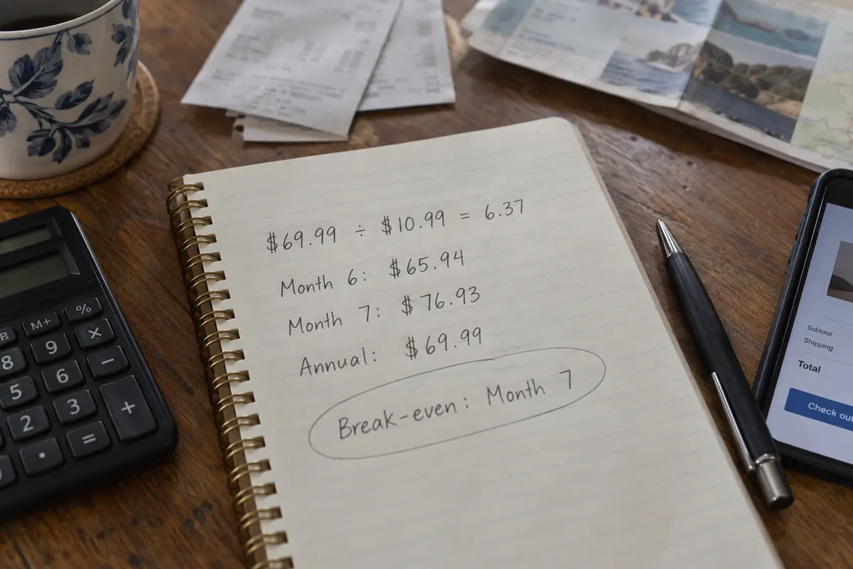 A handwritten calculation showing that the monthly total passes the annual VPN price in month seven.