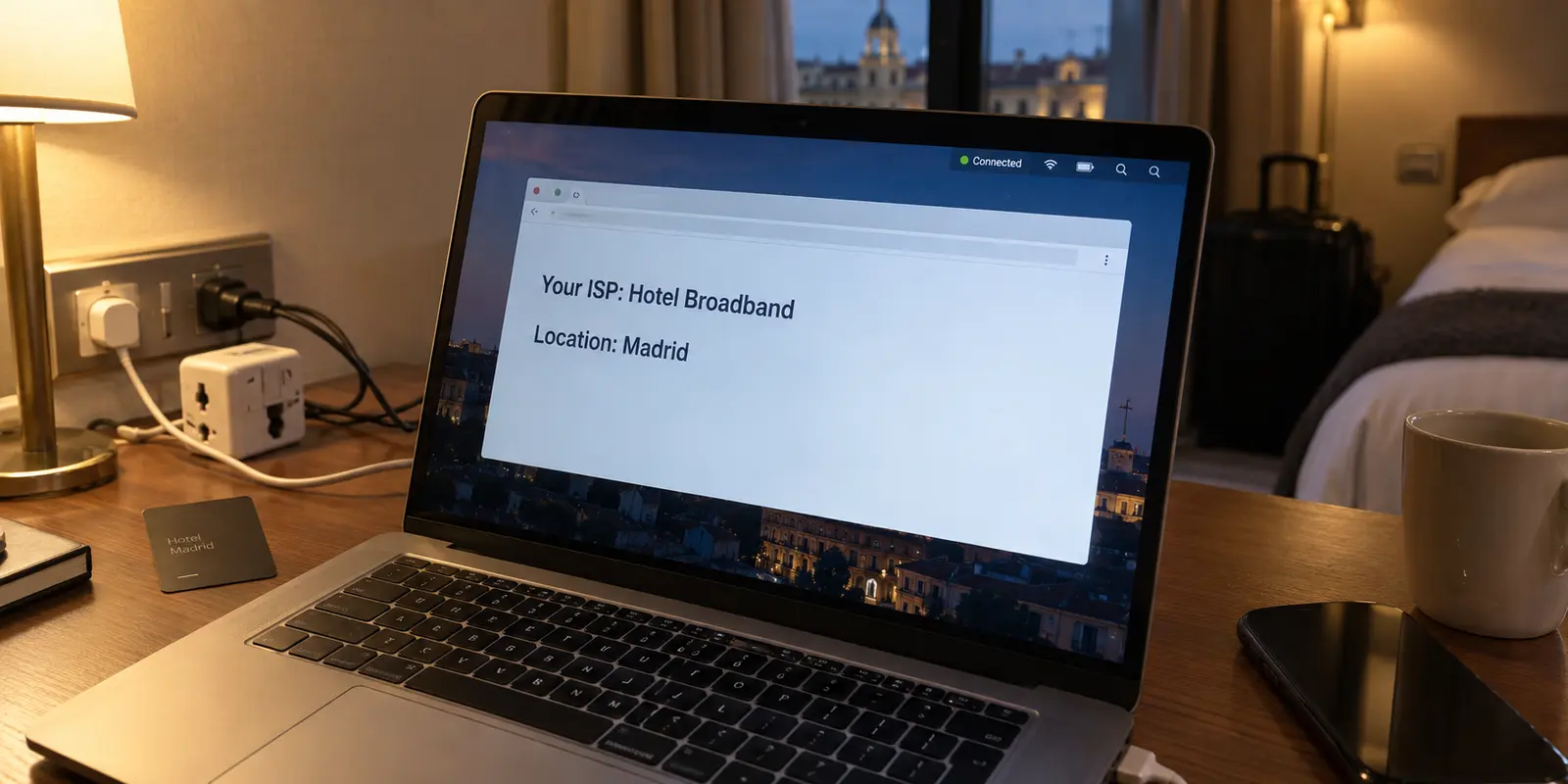 A Mac reports that its VPN is connected while an IP lookup still shows the hotel's ISP and city.