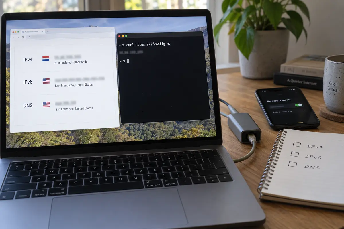 A Mac comparing IPv4, IPv6, DNS, and Terminal results to identify traffic bypassing the VPN.