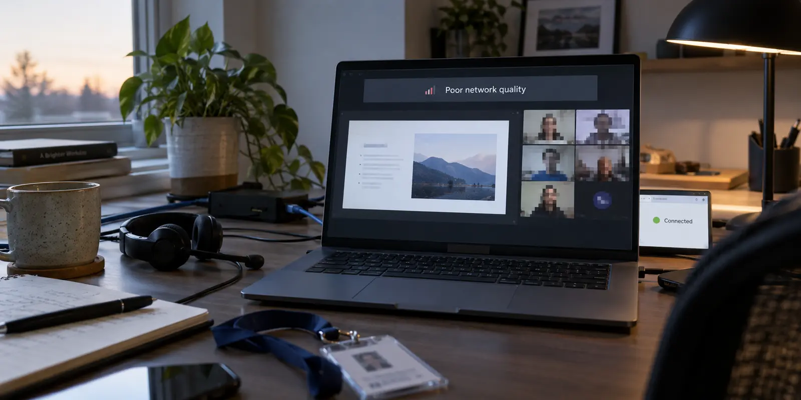 A company laptop shows poor network quality during a Teams meeting while the corporate VPN remains connected.