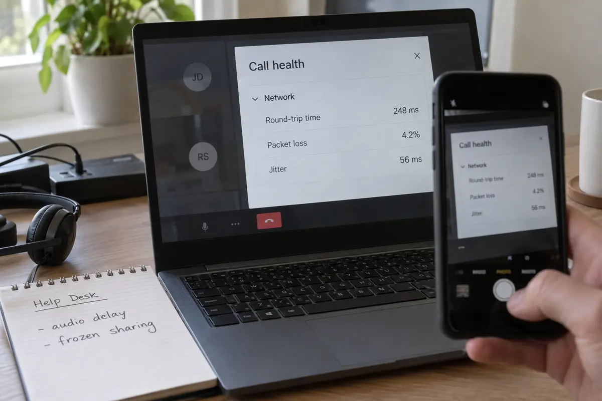 Teams Call health metrics being photographed for a help-desk report during a lagging call.