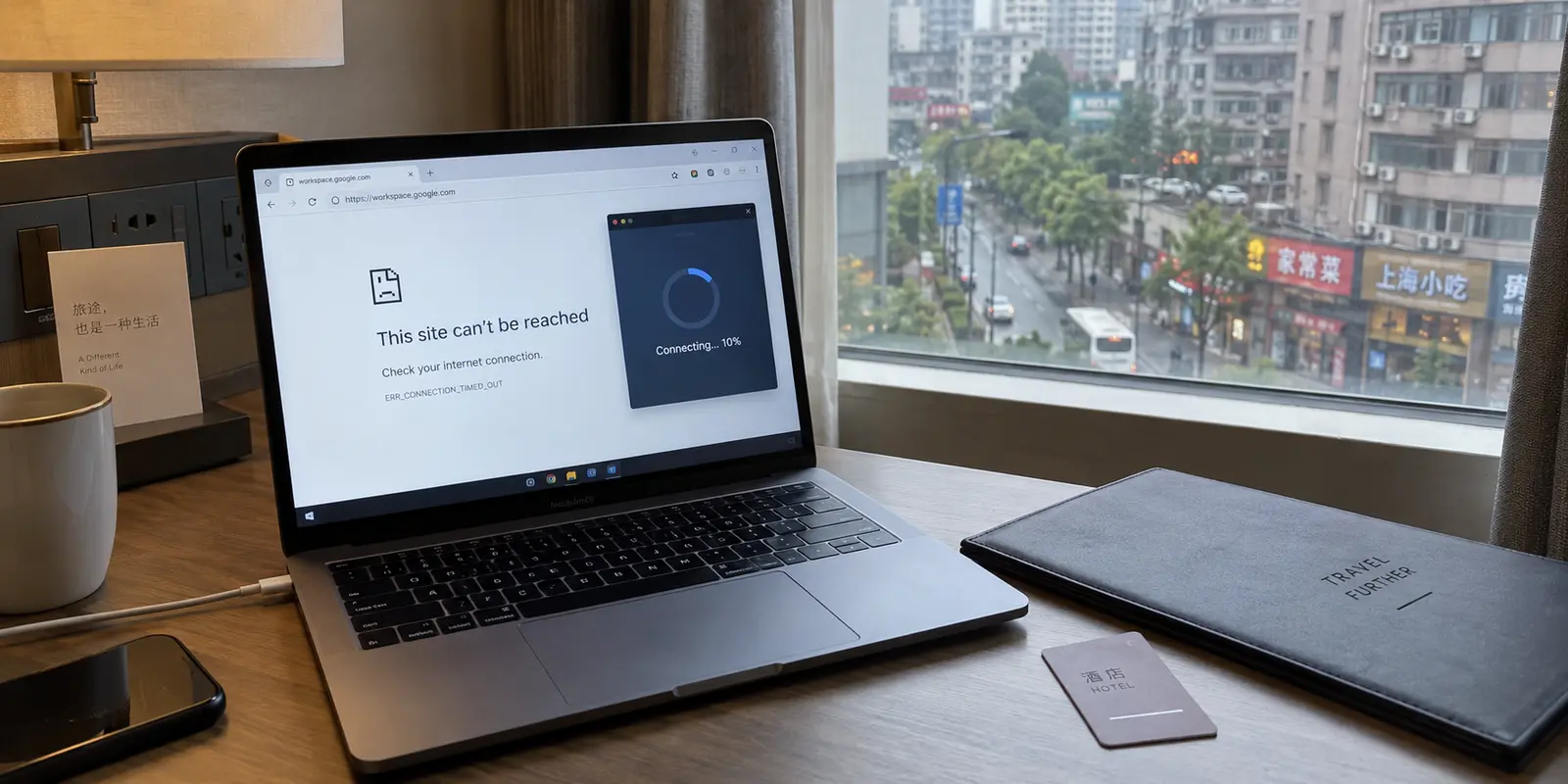 A VPN connection stalling before Google Workspace can load in a mainland China hotel