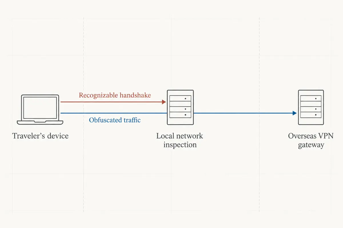 A diagram showing local network inspection before an overseas VPN gateway
