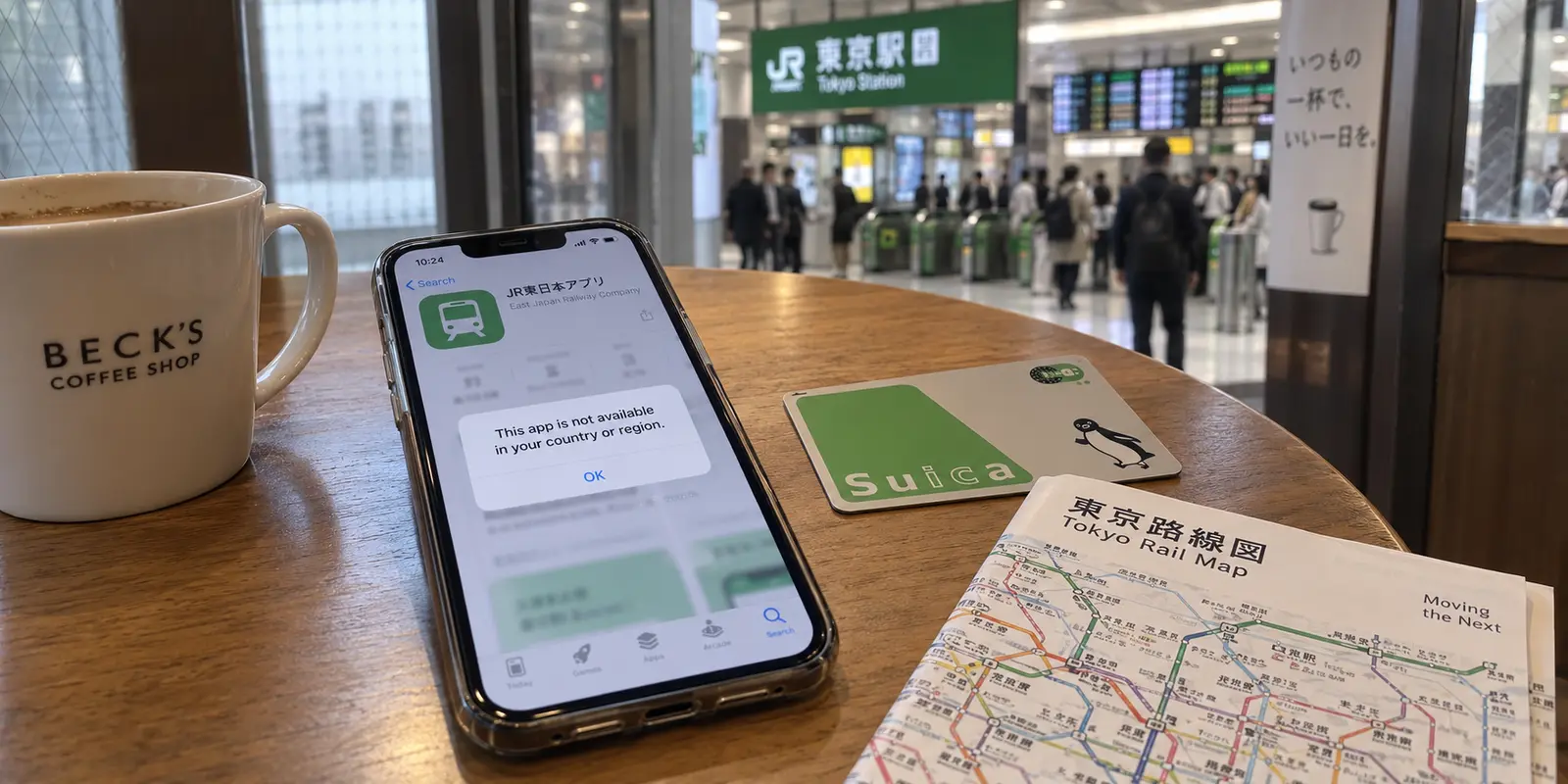 An iPhone in Tokyo showing that a Japanese app is unavailable in the current country or region