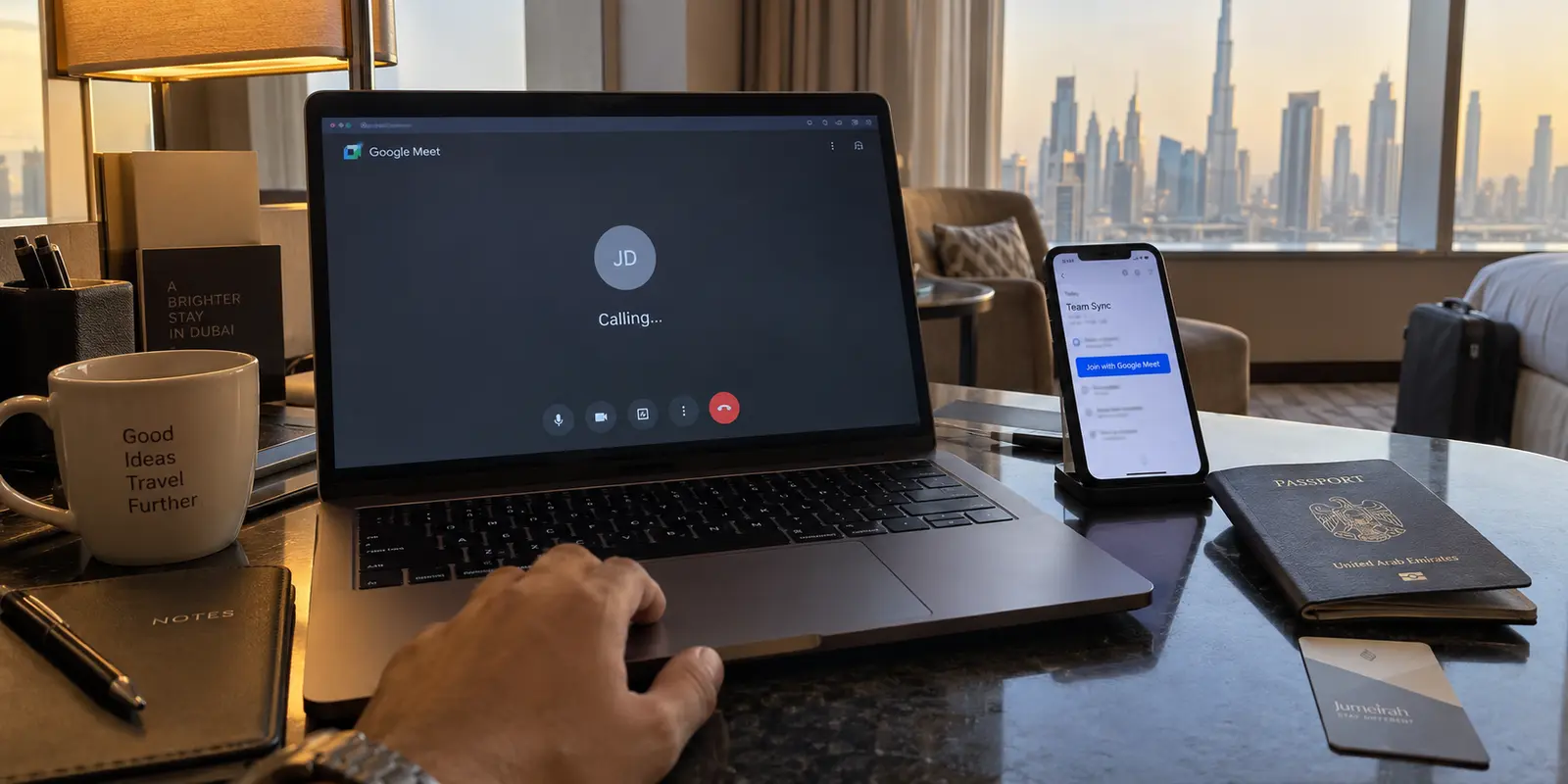 A direct Google Meet call stalled in a Dubai hotel while a meeting invitation waits on a phone