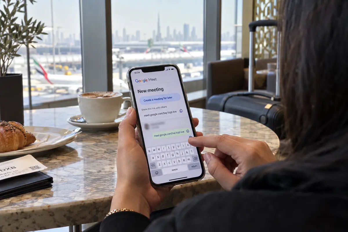 Creating and sharing a Google Meet meeting link from a phone in a UAE airport lounge