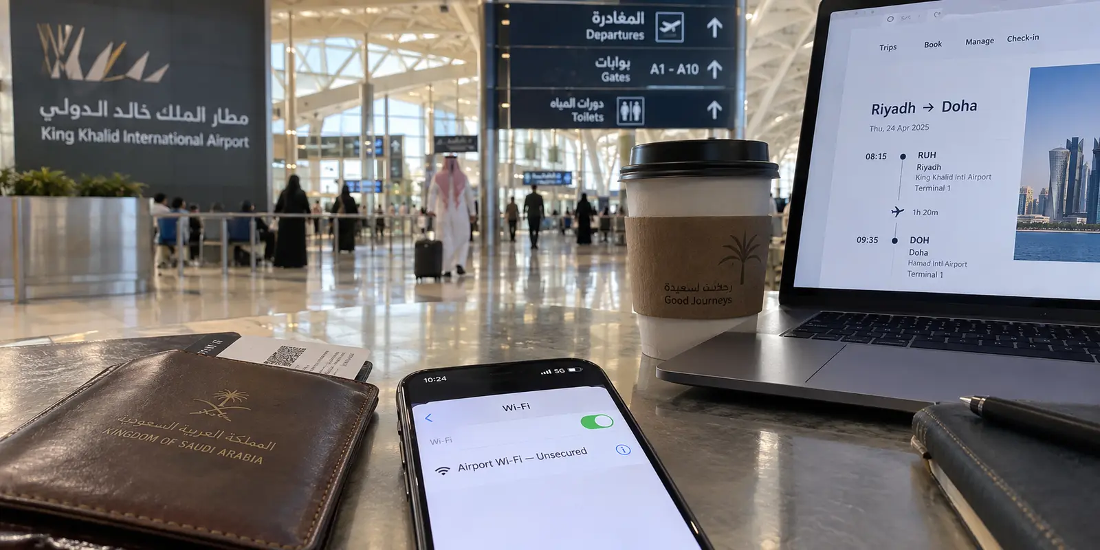 A fast airport connection in Riyadh displaying an unsecured public Wi-Fi warning