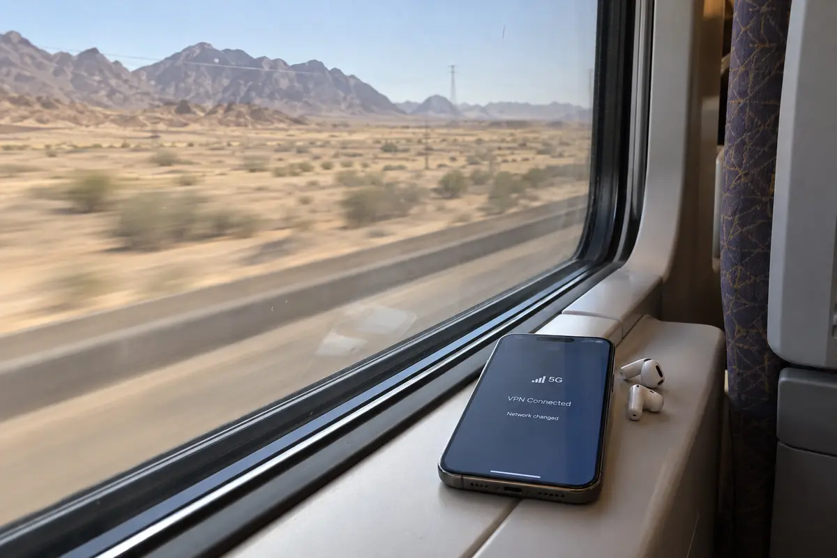 A VPN connection recovering after a mobile network change on a train in Saudi Arabia