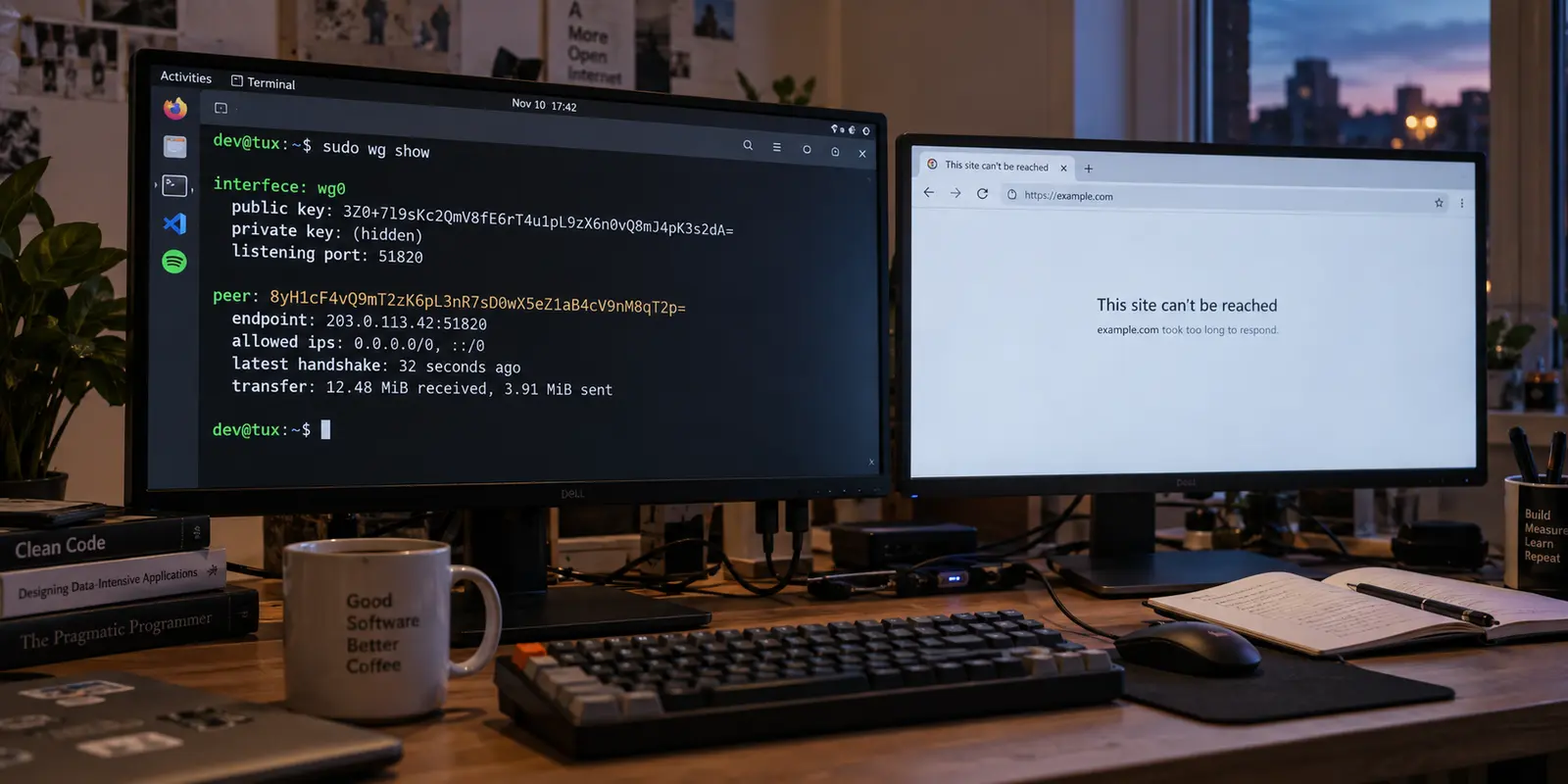 A Linux WireGuard tunnel with a fresh handshake beside a browser that cannot reach the internet