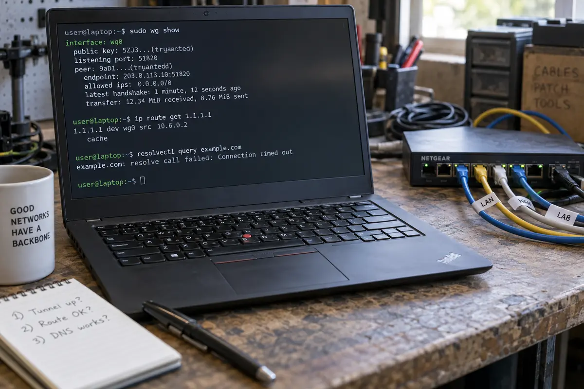 A Linux laptop running WireGuard, routing, and DNS checks on a network workbench