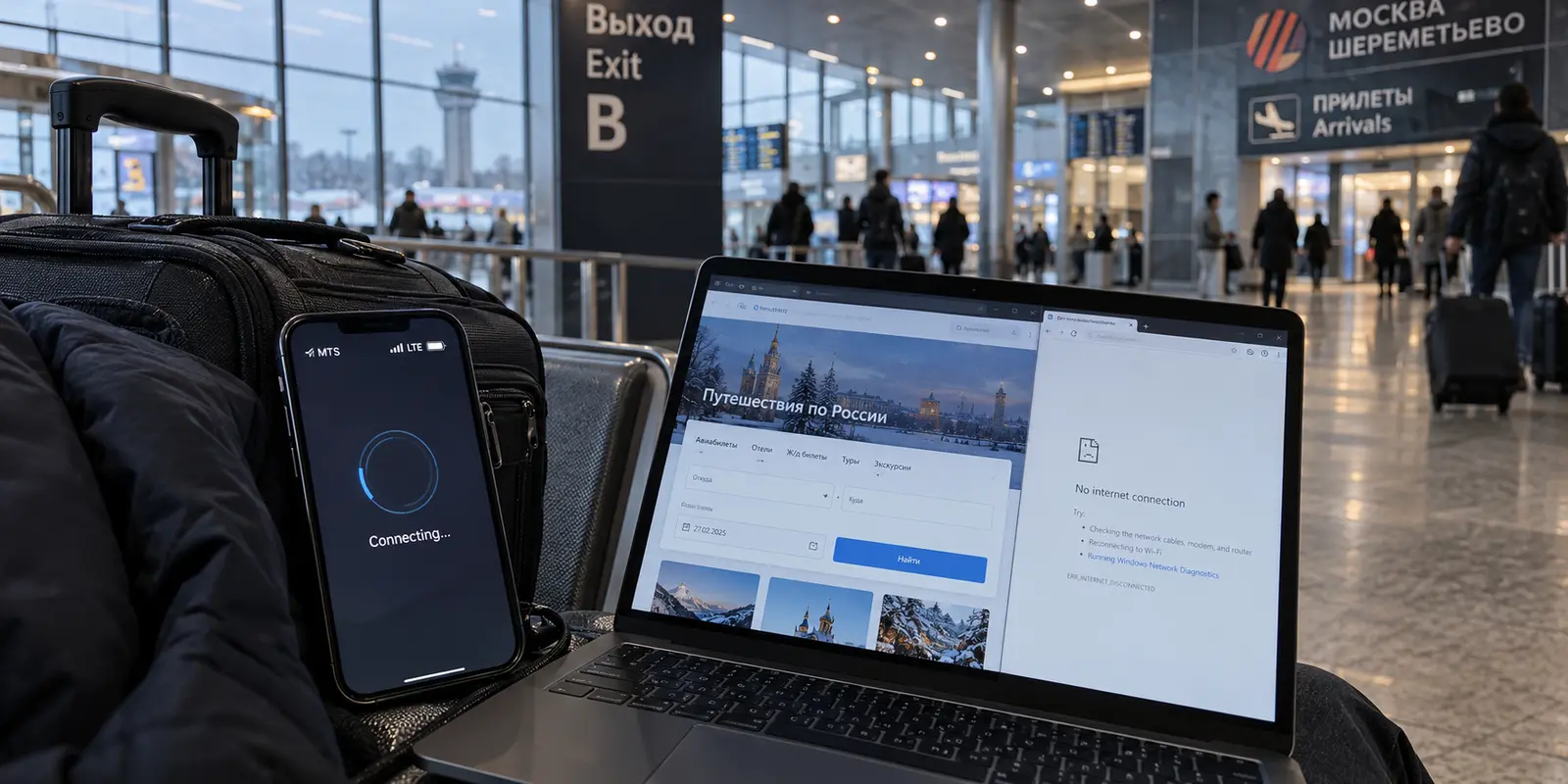A VPN stuck connecting despite full mobile signal after arriving at Sheremetyevo Airport