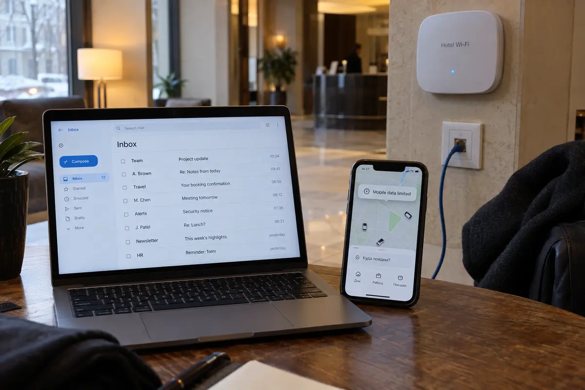 A laptop working on fixed hotel Wi-Fi while mobile data remains limited in Moscow