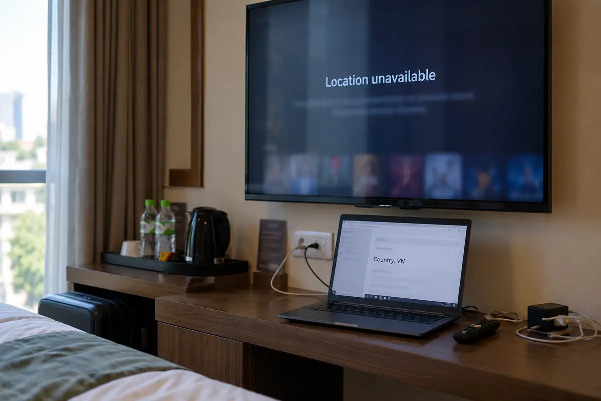 A hotel smart TV location warning checked against the same connection on a laptop reporting Vietnam
