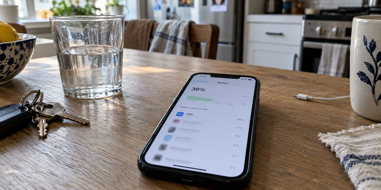 A phone at midday showing 38 percent battery with VPN high in the battery usage list