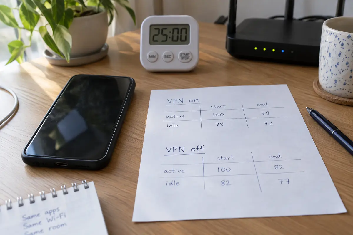 A controlled VPN-on and VPN-off battery test recorded beside a resting phone